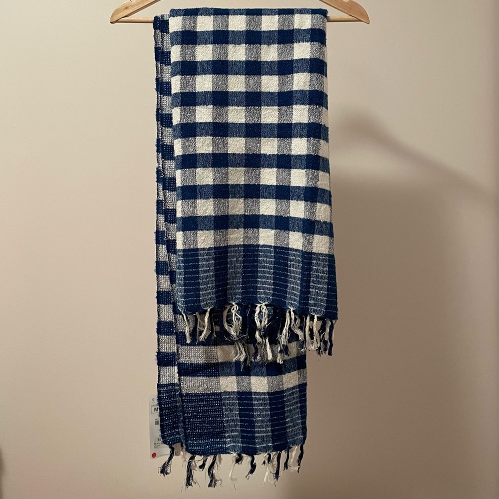 ZARA Checked Blue and White Scarf with Fringe